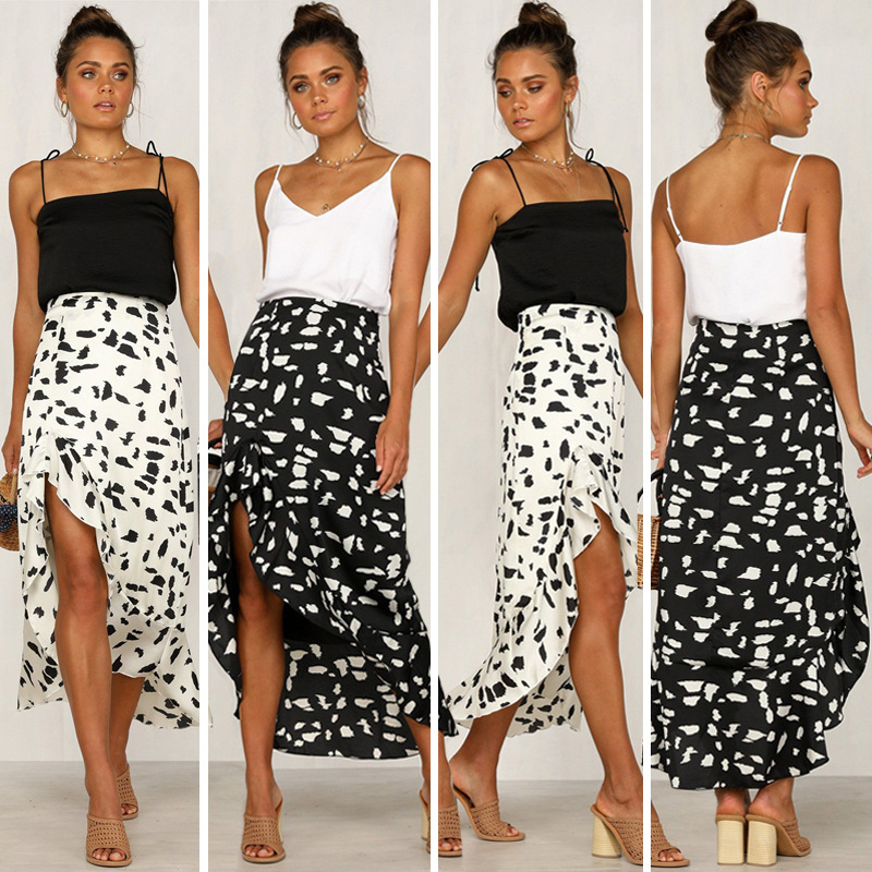 

2020 Summer Women Dot Print Ruffles Asymmetrical Skirts Ladies Casual Ankle Length Vintage Split Long Elastic Skirt, Black