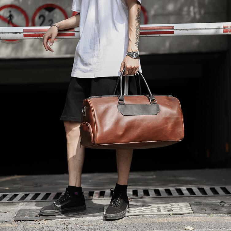 

men handbag multifunctional shoes men travel bag retro contrast crazy horse PU travel bags personality wet and dry separation fitness bag, Coffee