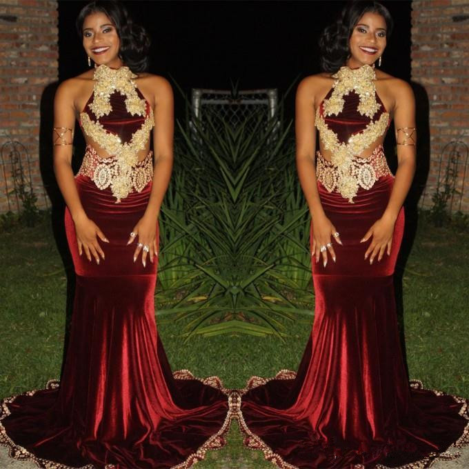 

Hot Sell Burgundy With Gold Appliques Mermaid Prom Dresses Halter Neck Sleeveless Sexy Cutaway Sides Long Black Girls Party Evening Gowns, White