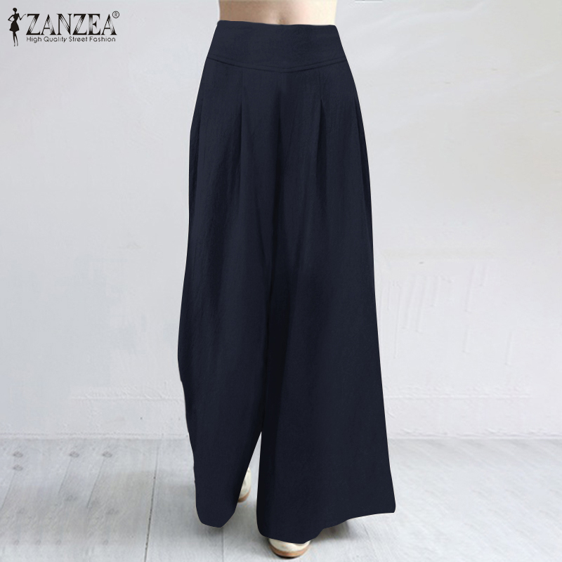 

2020 Fashion Wide Leg Pants ZANZEA Women High Waist Cotton Linen Trousers Summer Loose Solid Long Pantalon Casual Streetwear 5XL, Beige