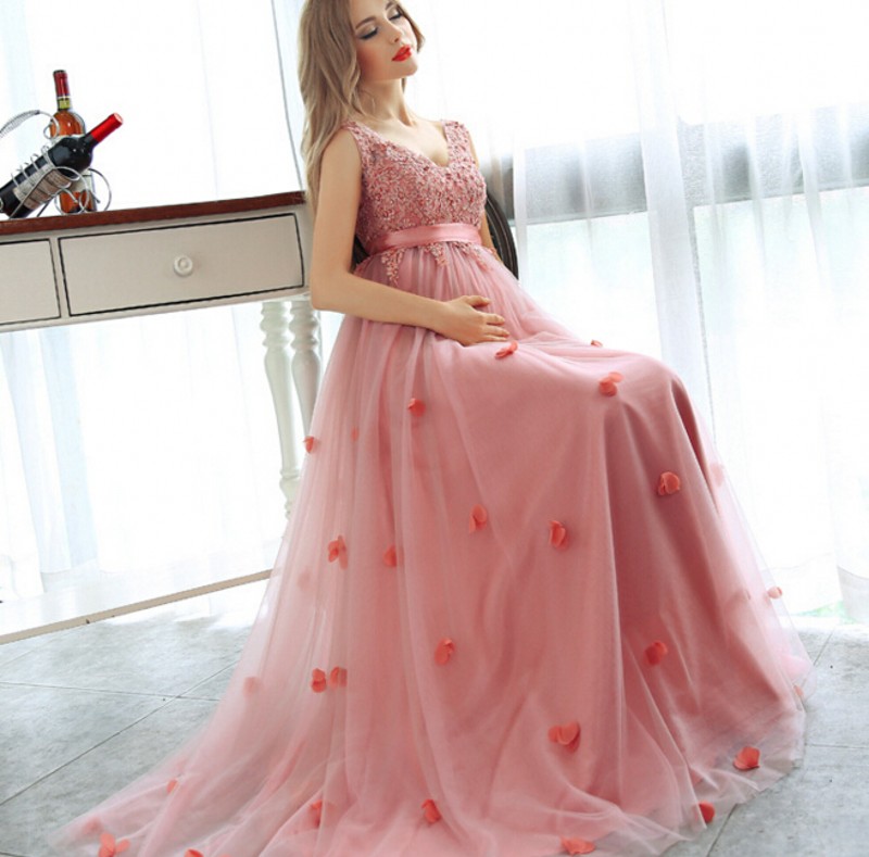 

2020 Elegant Maternity Evening Dresses V Neck A Line Petals Embellishment Rose Pink Lace and Tulle Formal Dresses for Pregnant Women, Orange