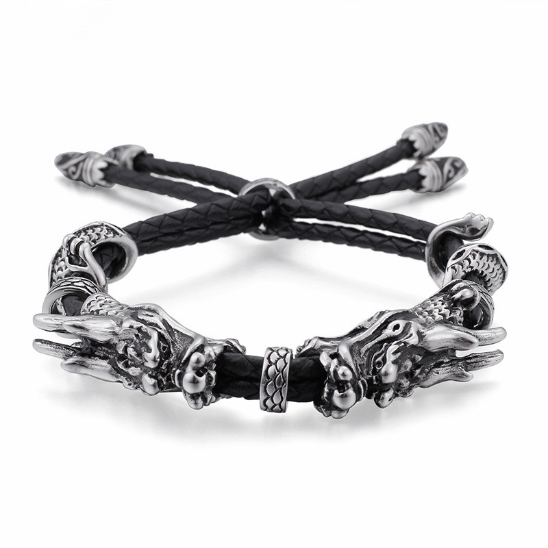 

New Double Layer Wrap Leather Adjustable Bracelet For Men Stainless Steel Animal Dragon Heads Charm Bracelet Rock Jewelry