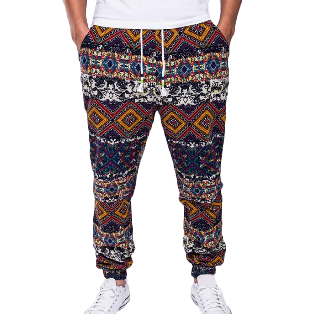 

Men's Harem Pants National Style Printed Drawstrings Pants Cotton Linen Drawstring Pockets Size Plus Casual Men Long Trousers Y19073001, Dark blue