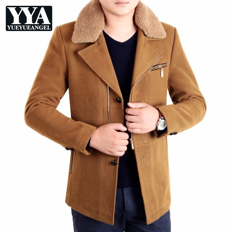 

Autumn Winter Mens Slim Fit Wool Blends Coat Single Breasted Fur Lapel Collar Jacket Outwear Business Man Casual Coats Khaki