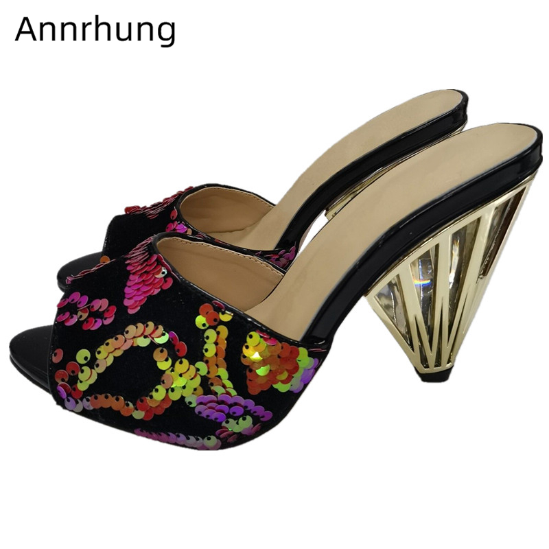 

Cut Out Metal Spike Heel Party Shoes Woman Colorful Sequined Cloth Sexy Open Toe High Heel Slippers Women Zapatos Mujer