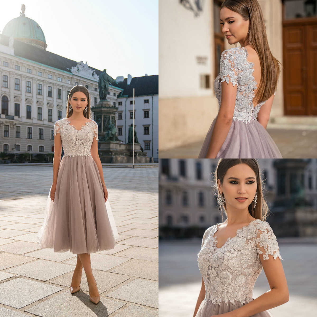 

Tea Length Mother Of The Bride Dresses V Neck Short Sleeves Lace Appliques Prom Dress Chiffon Skirt Formal Wedding Guest Gowns