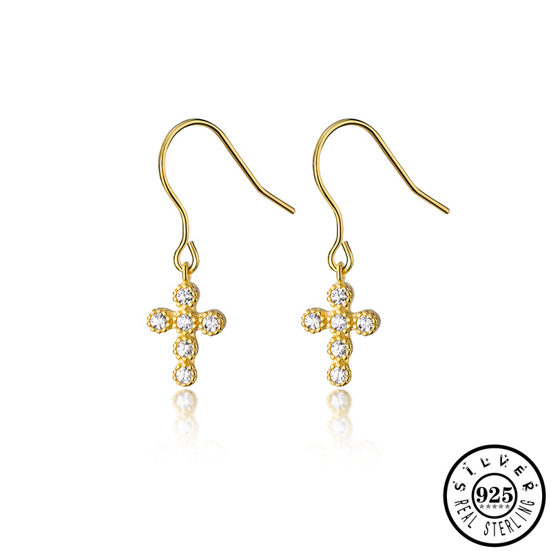 

Dangle & Chandelier Fashion 925 Sterling Silver Small Cubic Zircon Cross Shape Gold Color Statement CZ Crucifix Drop Earrings For Women Lady