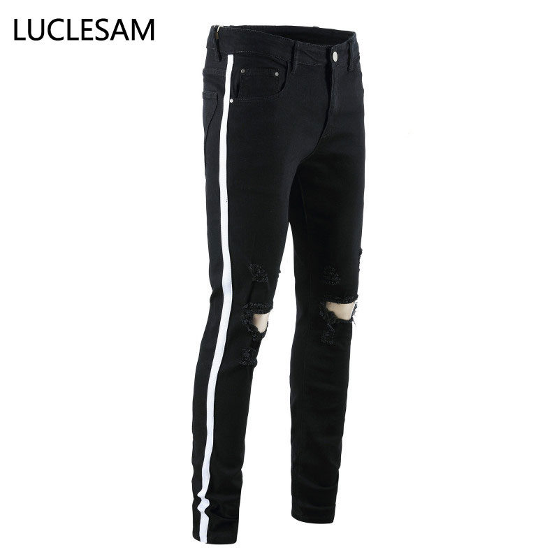 

Mens Ribbon Destroyed Ripped Jeans Casual Stretchy Skinny Pants Jeans for Men Hip Hop Hole Biker Denim Pants with Side Stripe, 114