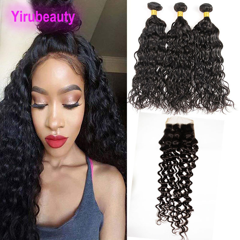 

Indian Human Hair Extensions 3 Bundles With 4X4 Lace Closure Free Middle Three Part Water Wave Virgin Hair Bundles With Closure Wet And Wavy, Natural color