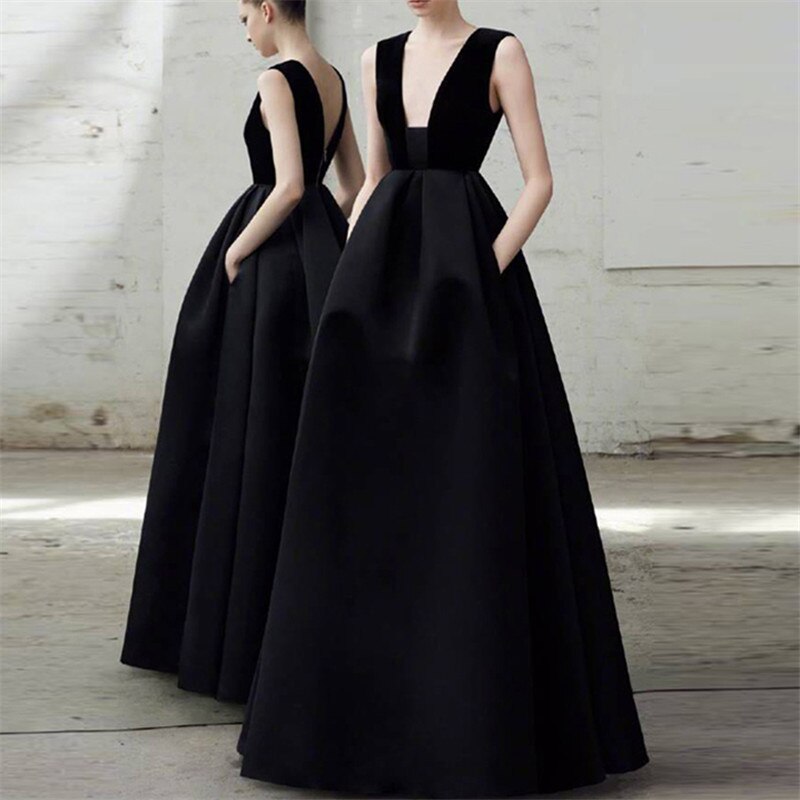 

Sexy Black A-Line Long Evening Dresses Evening Gowns For Women V-Neck Embroidery Lace Backless Cheap Party Dress Prom New, Customize