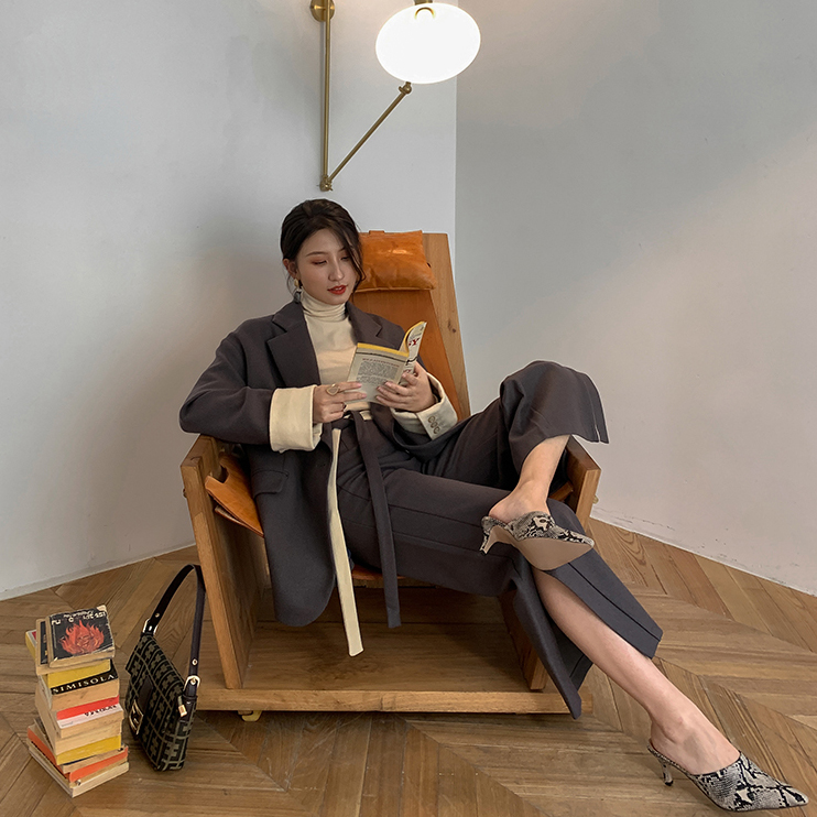 

Women Woolen 2 Pieces Set Winter Blazer Jacket Cardigan Coat and Wide Leg Pants Suit Women' Sets High Quality