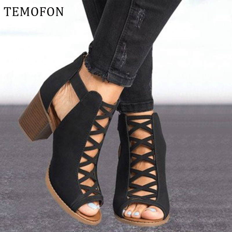 

TEMOFON 2020 women square heel Sandals peep toe hollow out chunky gladiator sandals with strap black spring summer shoes HVT791, Beige