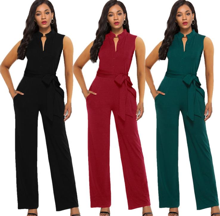 

Women' Clothing Jumpsuit Long Pants Rompers Sleeveless V-neck Summer Wide Leg Pants Jumpsuits With Belt Sexy Club Party Overalls, Black08