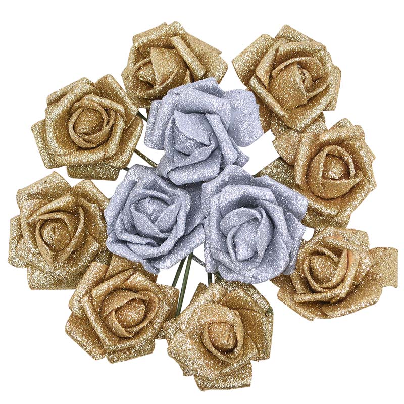

10/20pcs 6.5cm Glitter Gold Silver Artificial Flower Bouquet Fake Flower DIY Wreath Craft Xmas Wedding Party Home Decoration, B01 yellow flower