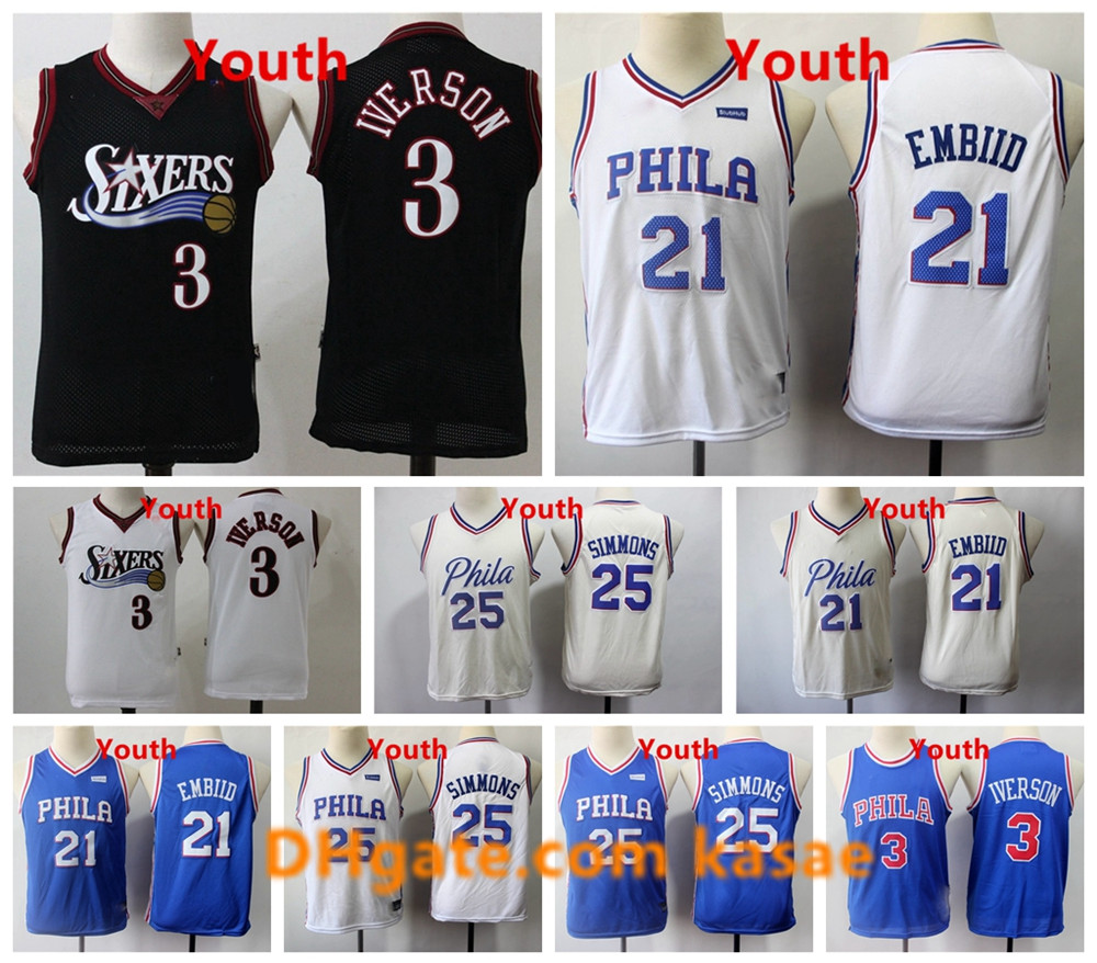 

Kids Philadelphia 76ers Throwback Vintage 3 Allen Iverson Jersey Joel 21 Embiid Ben 25 Simmons City Youth Edition Basketball Jerseys, Black;red