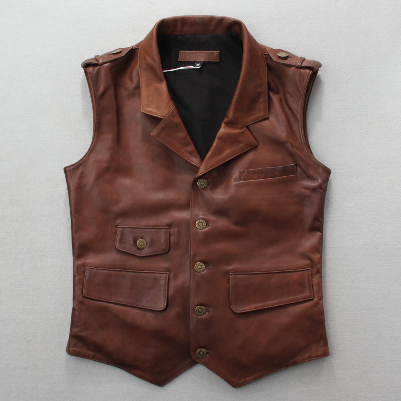 

slim fit Men' genuine jacket sleeveless brown black vintage leather men natural sheepskin vest with pockets