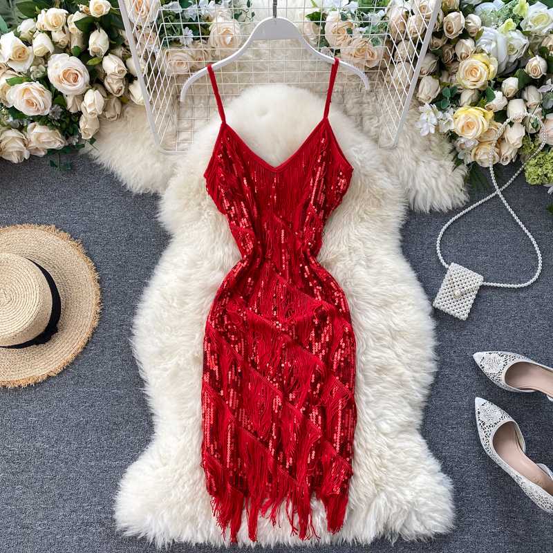 

Women High Waist Sleeveless V-Neck Mini Dress Tassel Sequined Summer Swim Beach Sundress Cover-Ups Casual Party Dresses Vestido, Red