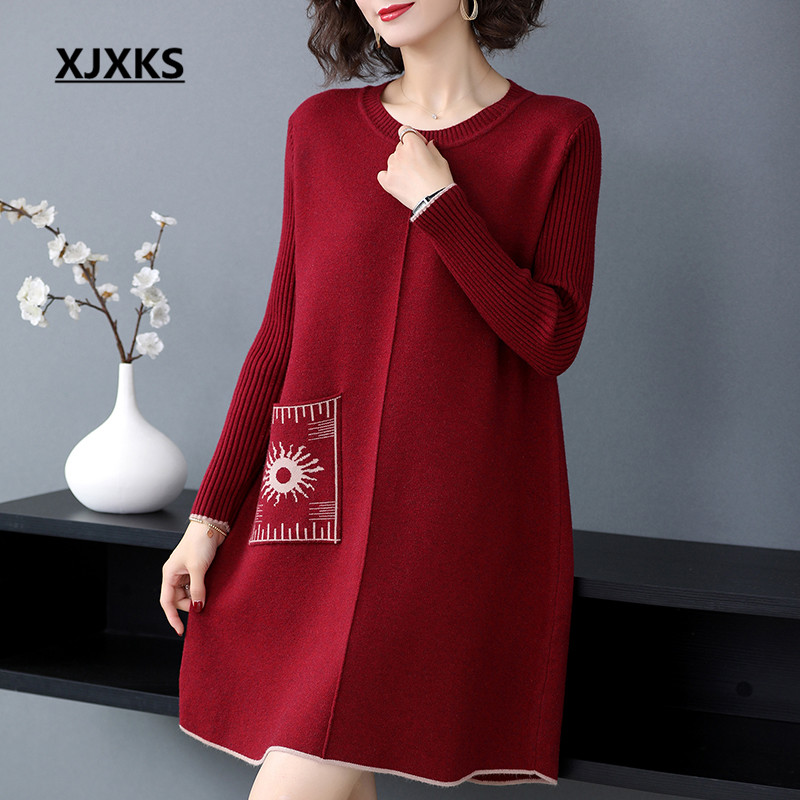

XJXKS Solid color all-match fashion with pocket women dress 2020 spring new cashmere knitted long sweater women pullover, Black