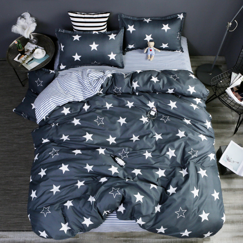 

Grey Stars Stripes Bedding Set Polyester Super Soft Duvet Cover Flat Sheet Pillowcase Full Queen Size King 4/3 Pcs Dorp Shipping, Add 2pcs pillowcase