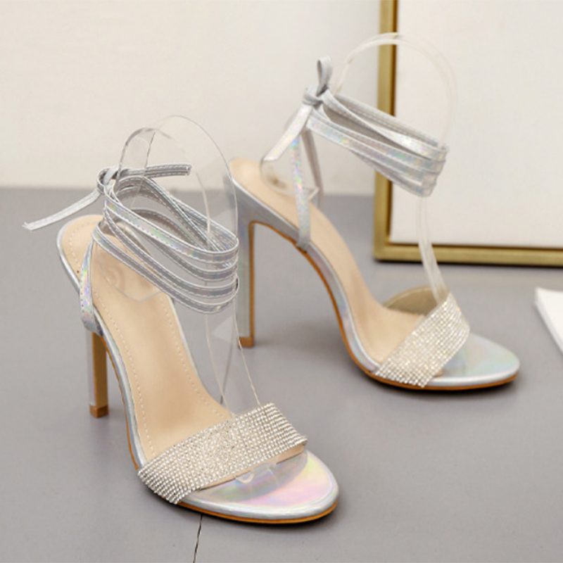 

European Crystal cross narrow band gladiator sandals women lace up silver shoes woman thin super high heels sandalias mujer 2020