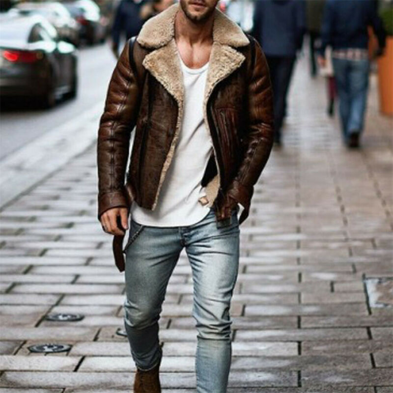 

2019 Autumn Winter Men' Faux Leather Solid Coat Turndown Collar Slim Jacket Coat Outwear, Brown