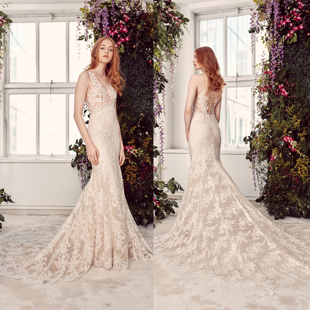 

Luxury Mermaid Rita Vinieris Wedding Dresses V Neck Sleeveless Tulle Lace Applique Wedding Gown Sweep Train Custom robe de mariée, Brown