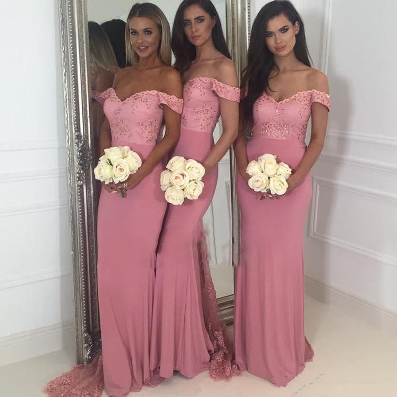 

Off Shoulder Cheap Long Mermaid Bridesmaid Dresses with Appliques Sequins Maid of Honor Dresses Custom Fashion Wedding Party Dresses A49