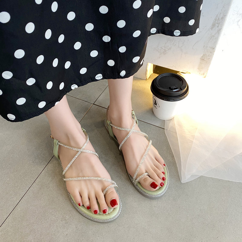 

Sweet Rainbow Sole Bohemia Ankle Buckle Sandals Women Shoes Summer Candy Colors Shiny Crystal Ribbon Flat Sandals 2020, Beige