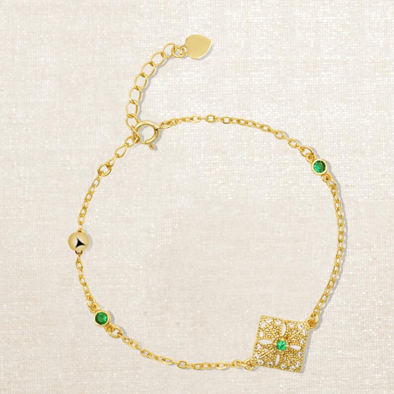 jewelry S925 sterling silver bracelets 18k gold plated carving lace emerald bracelets for women hot fashion