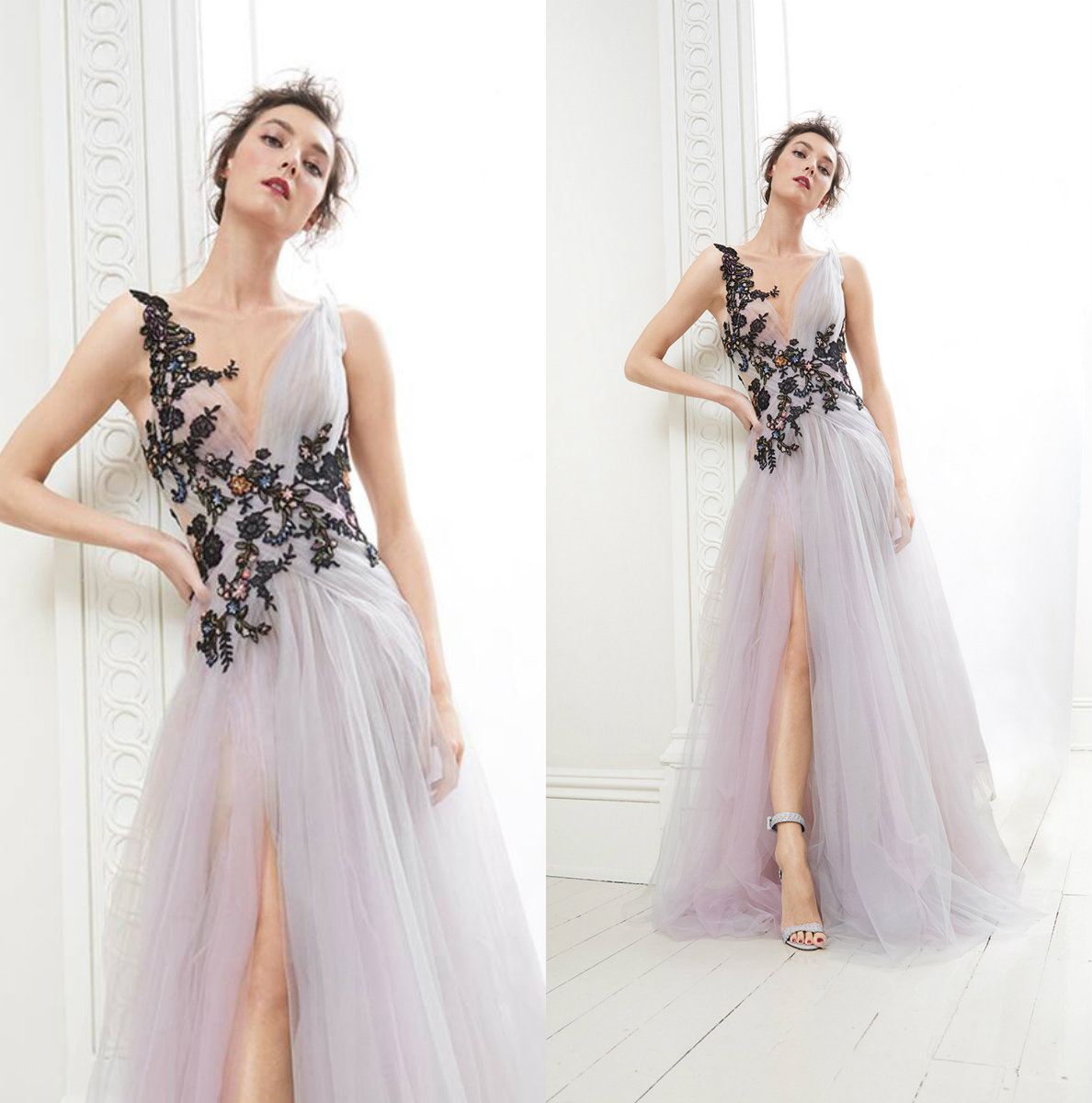 

Marchesa Prom Dresses Deep V Neck A Line Appliques High Split Cocktail Evening Dress Custom Made Formal Homecoming Gowns Robes De Soirée, Water melon