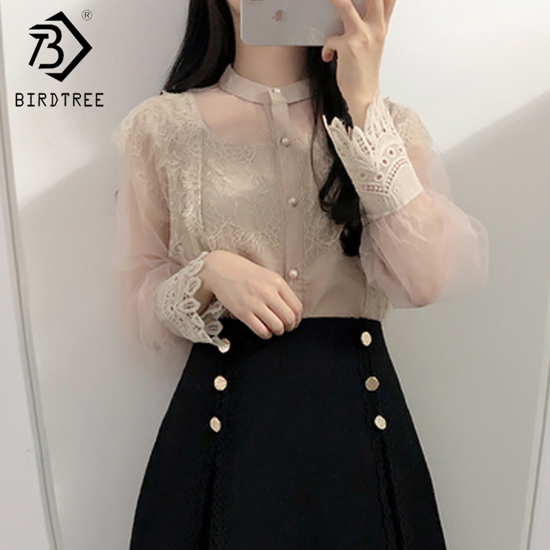 

Women Elegant Qualities Splice Lace Mesh Long Sleeve Shirt Solid Blouse Tops 2020 Spring New T01415M, White