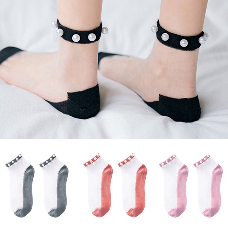 

Retro Thin Mesh Sheer Ultra Short Ankle Socks Pearl Anklet Sock Floral Stretch High Sock, Sk2528or