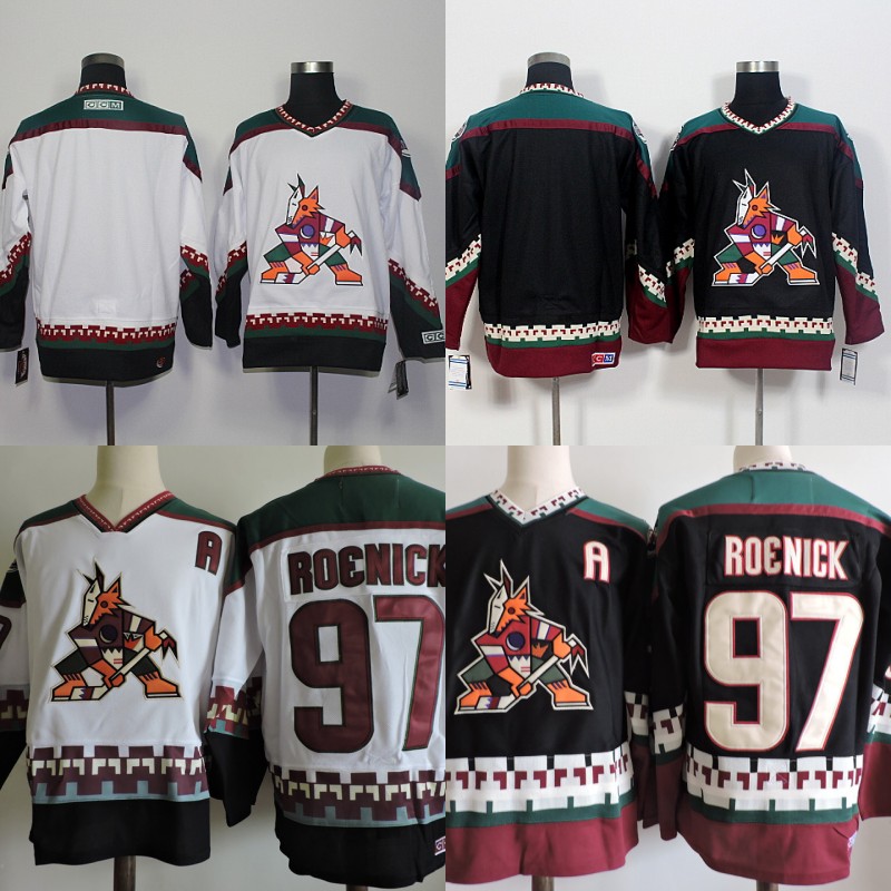 

Mens Phoenix Coyotes 97 Jeremy Roenick Vintage Jersey 100% Stitched Arizona Black Classic White 1998 CCM Retro Hockey Jerseys, Black;red
