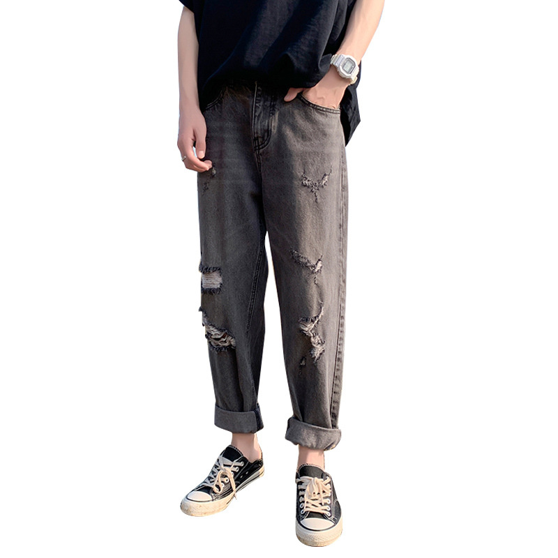 

Wholesale 2020 Ripped hole Denim jeans men' straight-legged loose beggar pants Korean trendy student ruffian handsome jeans, Blue