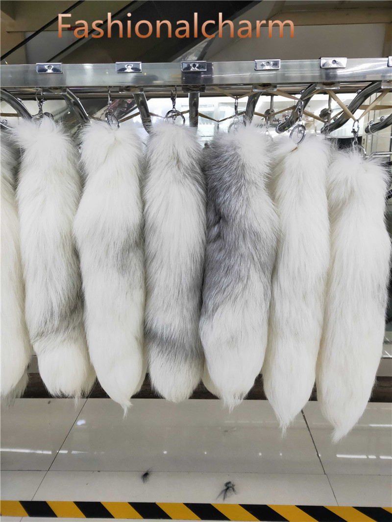 40cm/16"-Long 100% Real Genuine Cross Fox Fur Tail Keychians Plush Pom Poms Cosplay Toy Keyrings Car KeyChain Bag Charm Tassels