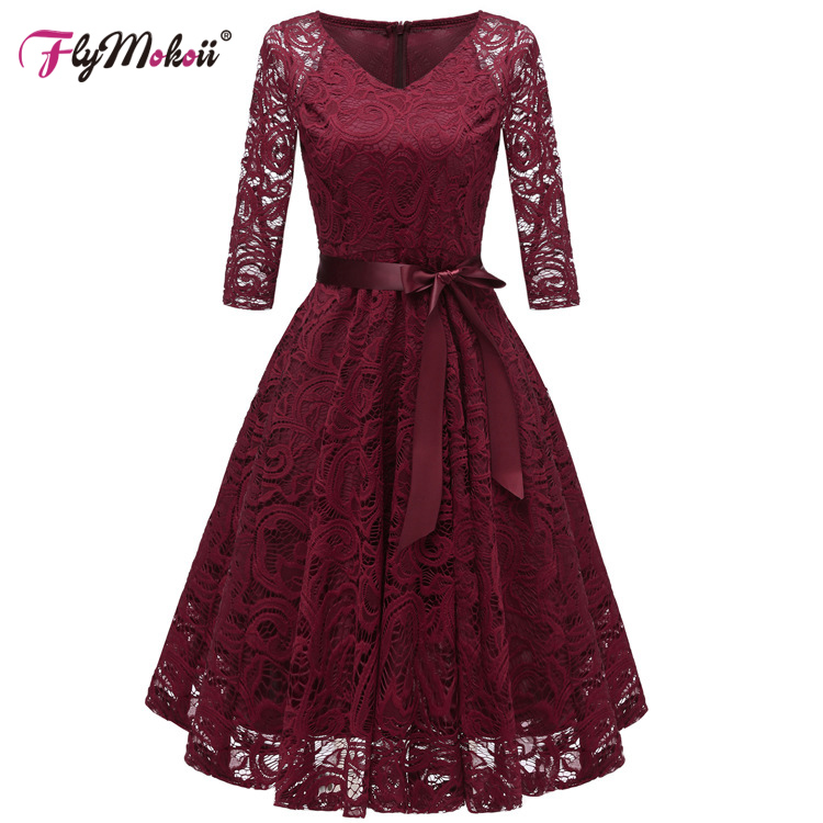 

Autumn Plus Size V-Neck Formal Dress Women Elegant Party Floral Ball-Gown Red Short Sleeve Lace Ladies Bridesmaid Robe Wedding, Shows as picture