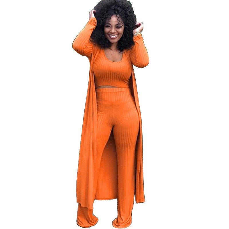 

Autumn Sexy 3 Three Piece Matching Suit Casual Winter High Elastic Crop Top And Wide Leg Pants And Long Cardigan Women Sets, Army green