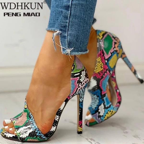 

2020 Ladies Summer Sandals Fashion Solid Color Serpentine Casual Open Toe Super High Heel Fish Head Snake Pumps, Black