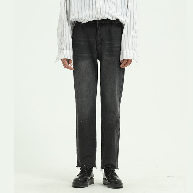 

Male Japan Korea Style Vintage Denim Trousers Pant Men High Street Hip Hop Gray Casual Broken Hem Jeans Pant