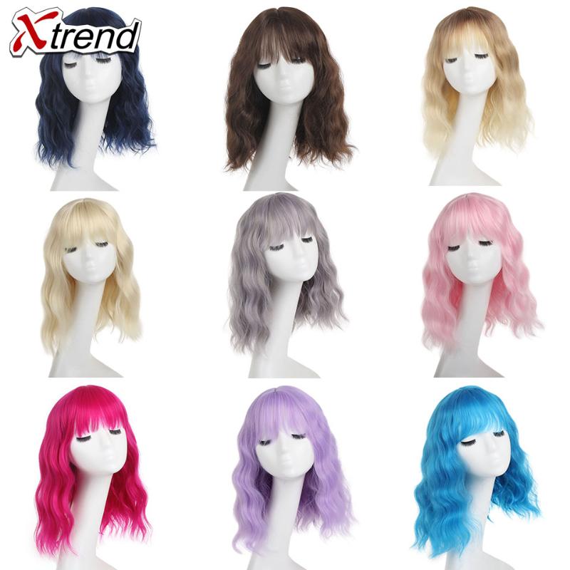 

Xtrend Synthetic Wavy Wig With Bands Short Bob Wigs For Women Brown Pink Blonde Grey Pruple Blue Orange Ombre Cosplay