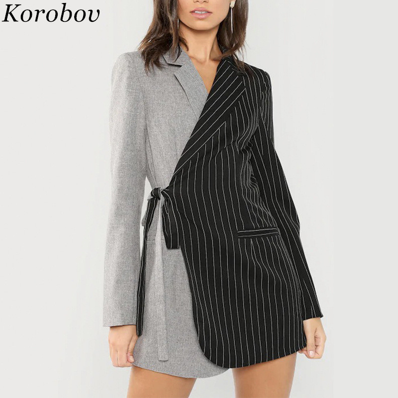 

Korobov 2019 New Arrival Black Grey Panelled Striped Blazer Lacing Long Sleeve Patchwork Casual Female Blazers 76945, Grey blazers