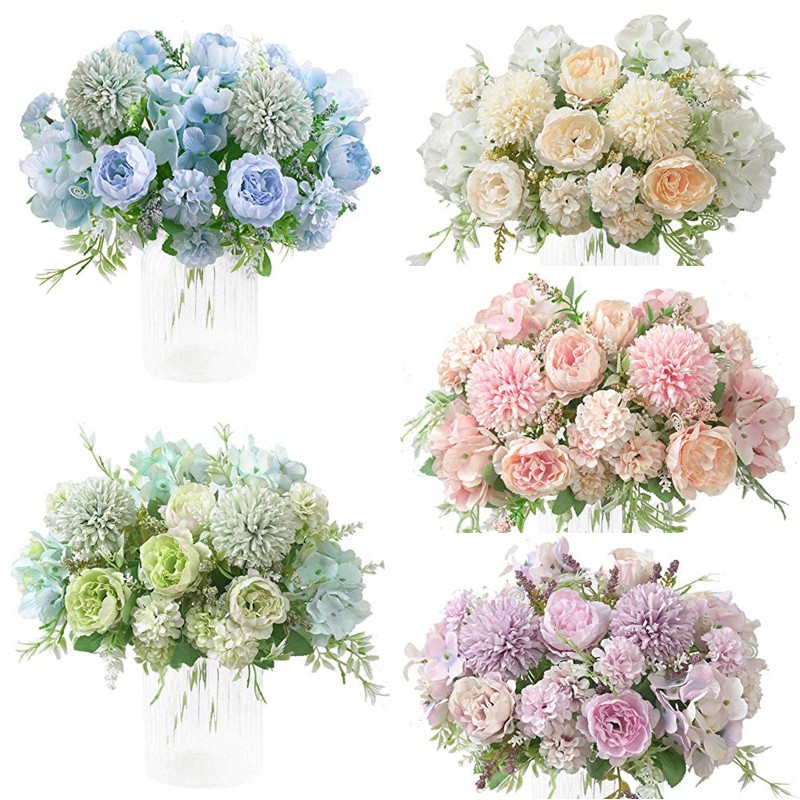 

Silk Peony Hydrangea Flowers Bouquet 7 Forks Artificial Realistic Plastic Carnations Peonies Hydrangea Flower Wedding Party Home Garden Decoration, As picture