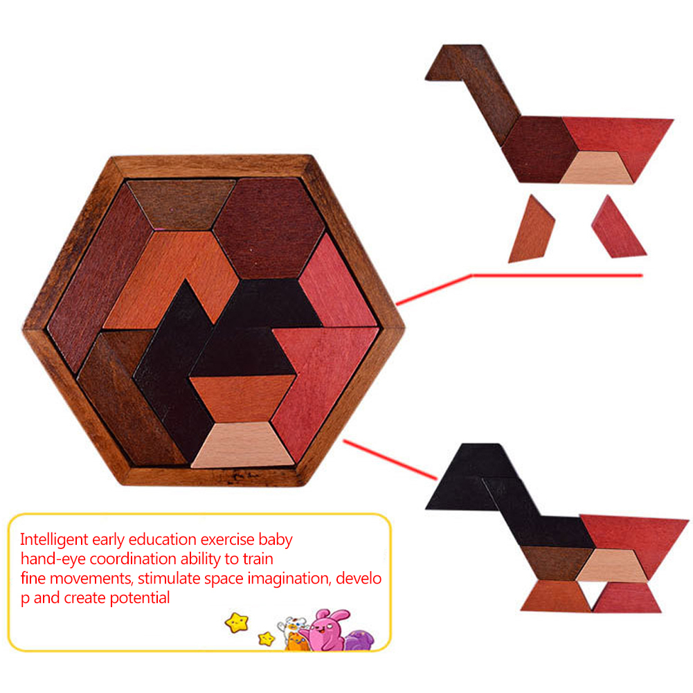 Isuper en Bois Hexagone Tangram Puzzles en Bois Puzzle Jeu pour Enfants et Adultes Classique À La Main Casse-tête Logique Puzzle Jouets Éducatifs 