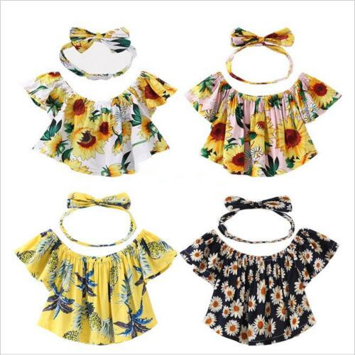

Baby Girls Clothes Sunflowers Kids Outfits Toddler Off Shoulder Ruffle Floral Tops Blouse Headband Summer Casual Fashion Sunsuit CLS799