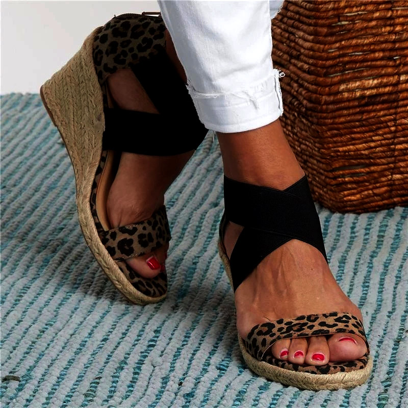 Women Sandals Summer Leopard Wedges Platform Elastic Band Peep Toe Womens Cross Bottom Shoes Ladies Sandals Female