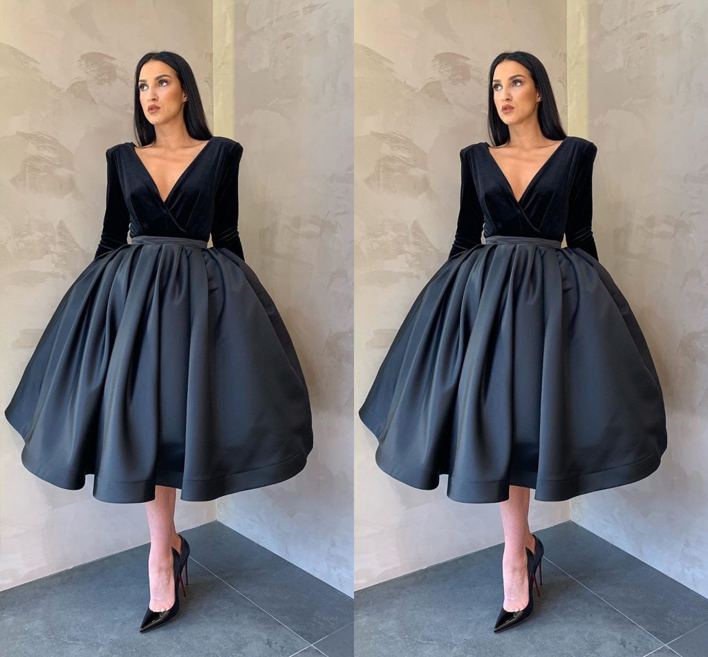 

Vintage Black Velvet Tea Length Evening Bridesmaid Dress Satin V neck with Sleeves Satin Ruched Birthday Party Prom Formal Dresses, Dark red
