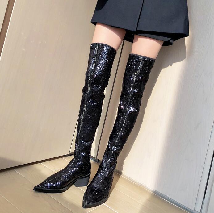 

2019 Bling Black Women Over-the-knee Boots Pointed Toe Slim High Boots Autumn/Winter Shoes Women, Short plush inside