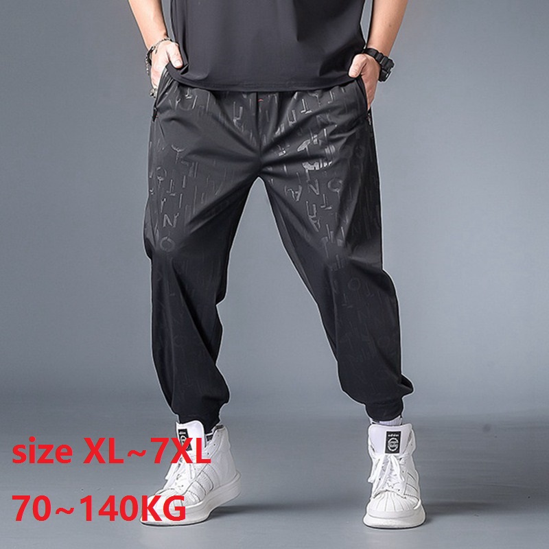 

Plus Size 7XL 140KG Streetwear Men Harem Pants Casual Ice Silk Letter Print Trouser Man Jogger Pants Summer Sports Thin Trousers, As pic