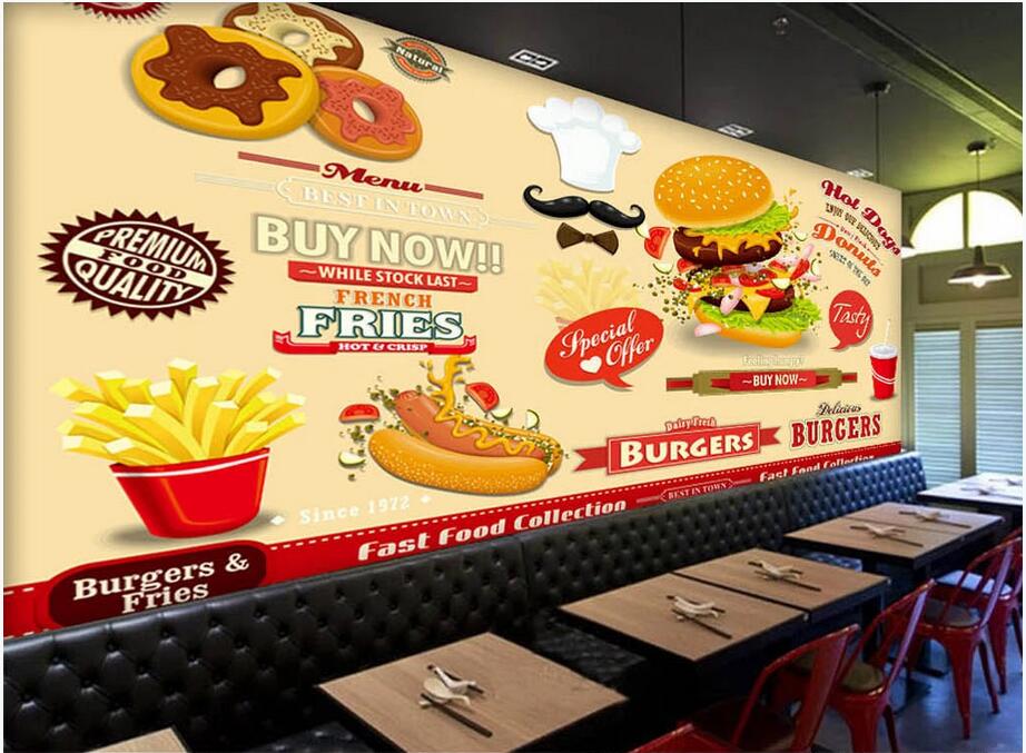 

3D wallpaper custom photo mural Hand painted burger fast food restaurant snack bar background stickers home decor wall art canvas pictures, Non-woven wallpaper