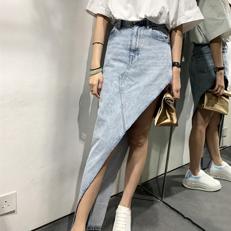 

Women' Irregular Slim Denim Skirt High Waist Cotton Zipper Pockets Skirt New Fashion, Blue